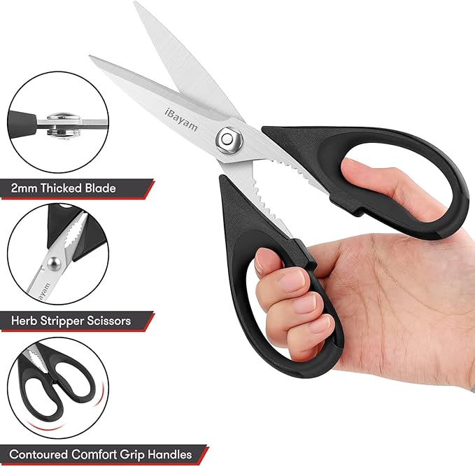 Black Kitchen Scissors - Heavy Duty Meat & Poultry Shears, Dishwasher Safe Stainless Steel Utility Scissors, 2-Pack Black Kitchen Utensils Set for New Home Essentials