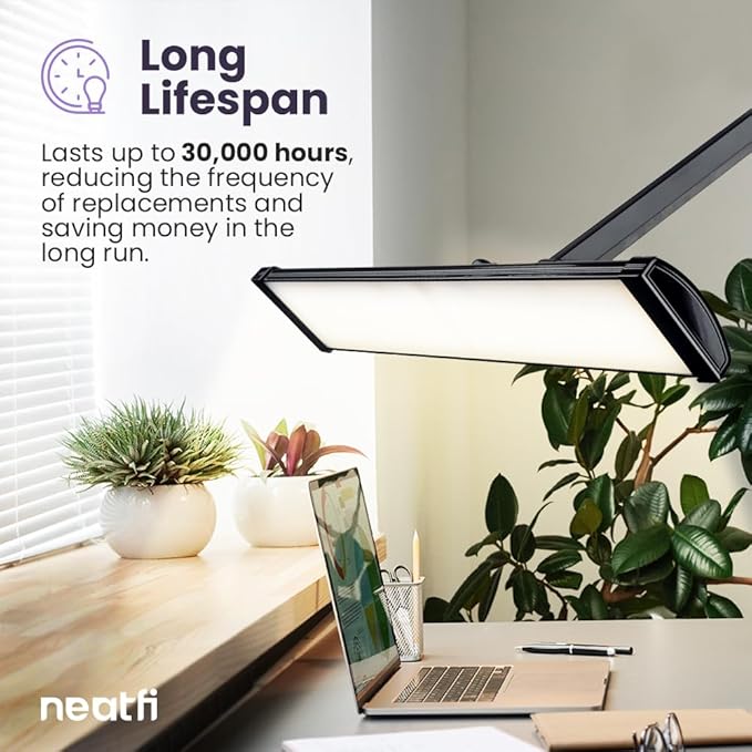 Neatfi LED Desk Lamp, 3,500 Lumens, 3 Light Modes, Dimmable, 45W, Touch Control, 26 Inch Wide Metal Shade, 540 SMD LEDs, Directional Lighting, Eye Caring Task Lamp (CCT with Clamp, Black)
