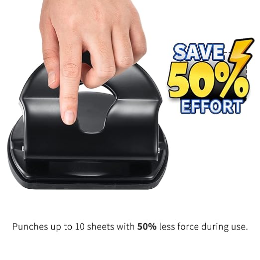 2 Hole Punch Paper Hole Puncher, 10 Sheets Capacity, Without Alignment Guide, Simple Packaging, Black