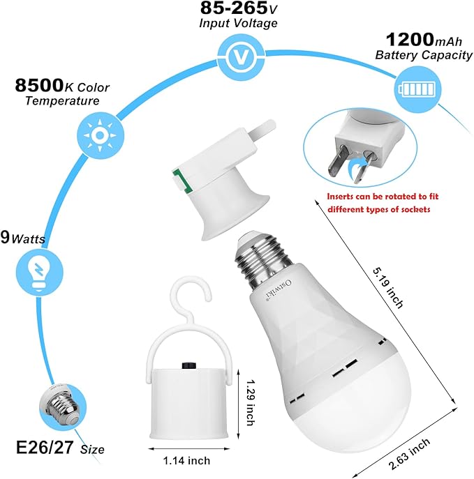 2 Pack Emergency Rechargeable Light Bulbs,Battery Operated Backup Light Bulb 9W E27 8500K 1200mAh White Equivalent Self-Charging LED Light Bulbs for Power Outage Camping Outdoor Activity