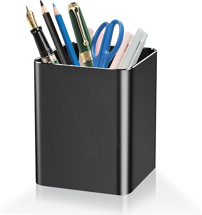 Pen holder,square pen cup, Metal pen pencil holder, desktop pencil cup stationery organization office desktop accessories, suitable for office, school, home and stationery supplies. (Black)