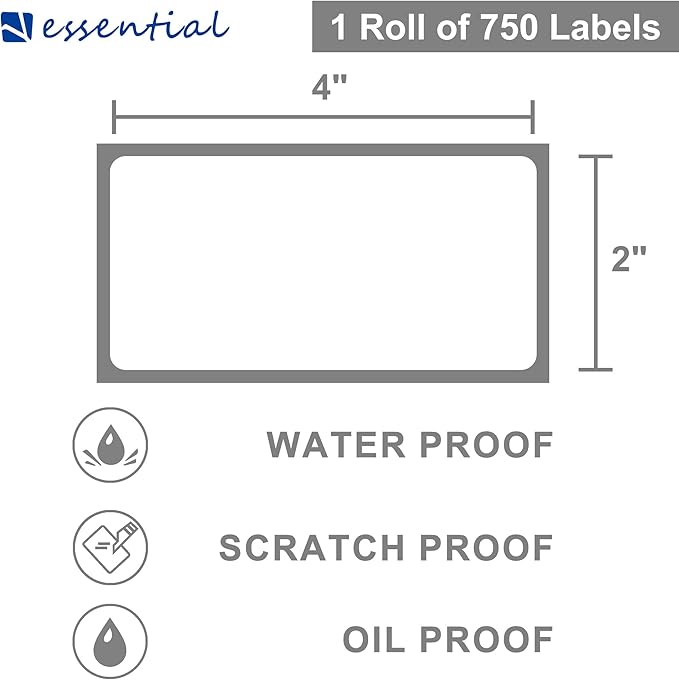 ESSENTIAL 4"x 2" (101mm × 50mm) Direct Thermal Barcode Labels, Shipping Labels, Compatible with Zebra & Rollo Label Printer, 750 Labels of Roll (12 Rolls, 9000 Labels)