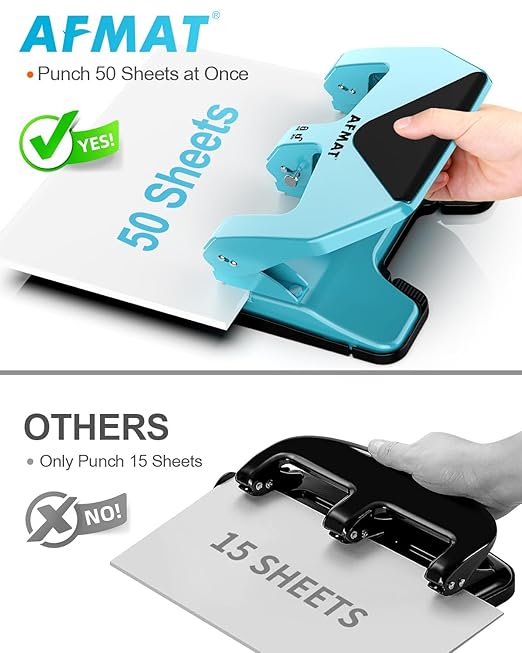 AFMAT HP20 Heavy Duty 3 Hole Punch, 60% Reduced Effort, 50-Sheet 3 Hole Puncher for Binder, 10,000+ Uses, Metal Three Hole Punch for Home Office School, w/Large Chip Tray, Paper Guide