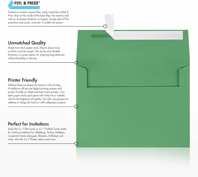 LUXPaper A7 Invitation Envelopes | Peel & Press | 5 1/4" x 7 1/4" | Holiday Green | 80lb. Text | 50 Qty