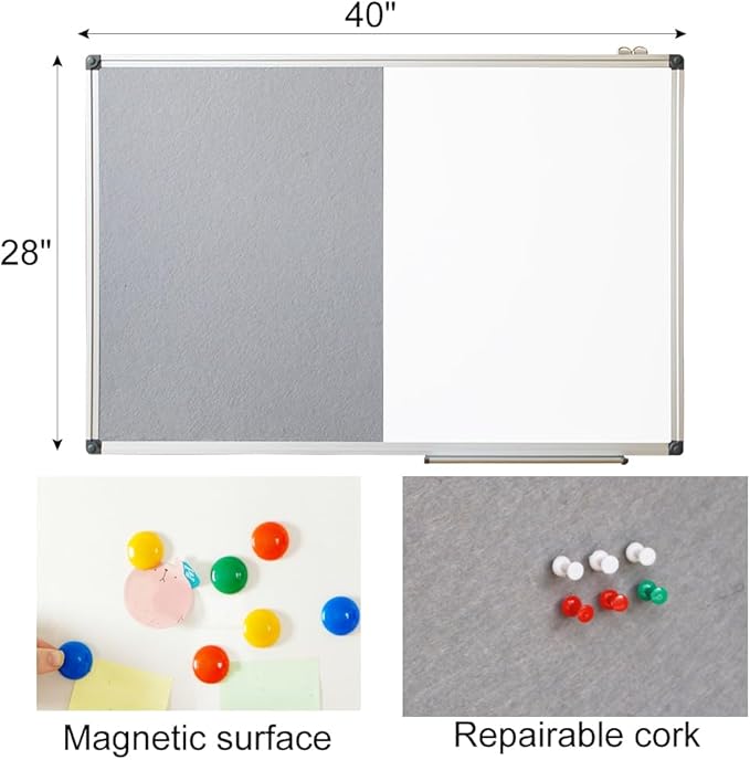 New PUTE White Board and Cork Board Combo - 40 x 28 Inches Large Dry Erase Whiteboard and Bulletin Board, Magnetic Wall Pin Display Board for Home, Classroom & Office, 28"x40" Grey