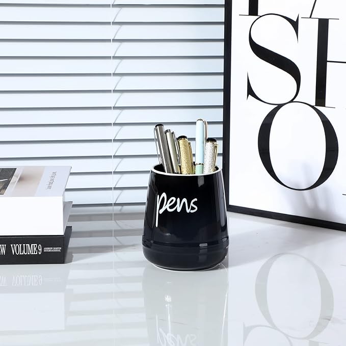 LEEOTYI Ceramic Farmhouse Pen Holder for Desk, Pencil Organizer 16 oz (Black)