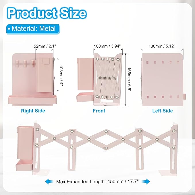 PATIKIL Adjustable Book Ends, 6.5" Tall Heavy Duty Metal Adjustable Bookends Book Holders Organizer with Removable Pen Holder Tray and 3 Hook-up for Heavy Books Desk Office Home, Pink