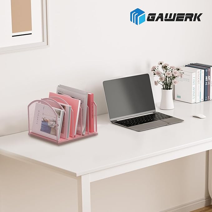 5-Section Vertical Desktop Organizer, 5-Section Mesh File Folder Stand Sorter for Office Home Classroom Organization (1, Pink)