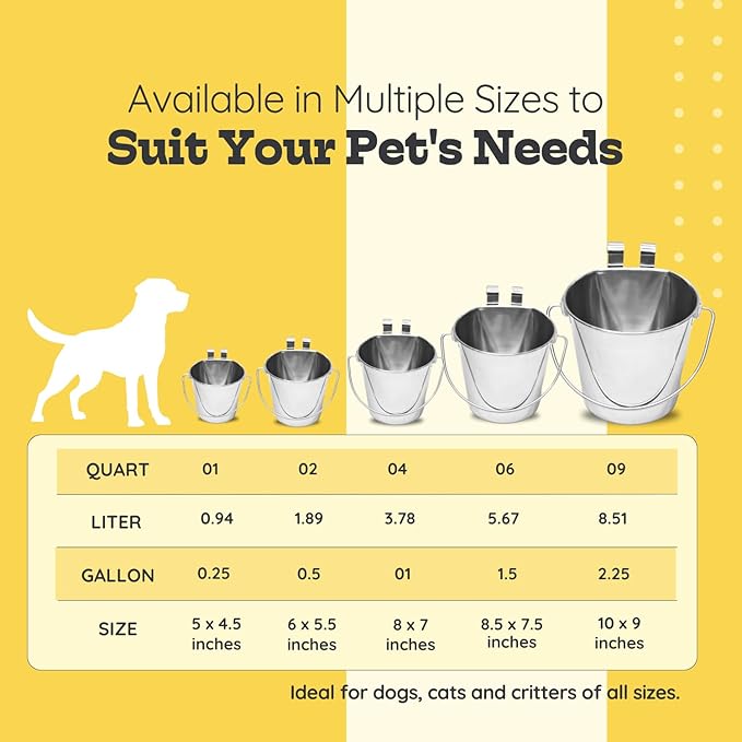 2 Quart Stainless Steel Flat Sided Bucket with Dual Hooks | Durable Food & Water Bowl for Dog Cat Bird & Small Animals | Fits kennel Cage Critter Crate Hanging Pet Pail | Multipurpose use
