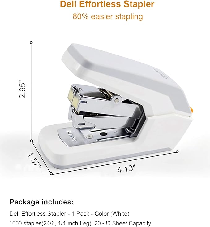 Deli Effortless Standard Desktop Stapler, One Finger Touch Stapling, Easy to Load Ergonomic Stapler, 25 Sheet Capacity, Includes 1000 Staples and A Staple Remover