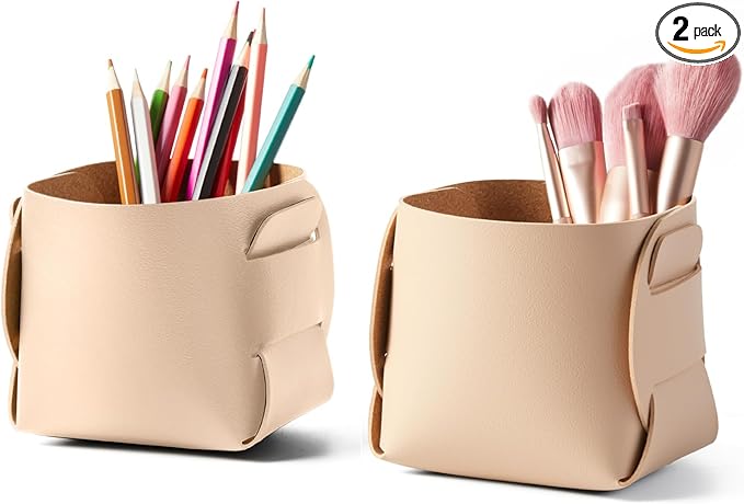 HOMIEAZICOZI 2-Pack Cork Leather Desk Accessories Storage - Pencil Pen Holder - Makeup Brush Holder Organizer - Stylish Addition to Home Decor (Apricot)