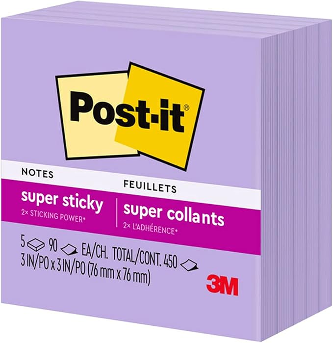Post-it Super Sticky Notes, 5 Sticky Note Pads, 3 x 3 in., School Supplies, Office Products, Sticky Notes for Vertical Surfaces, Monitors, Walls and Windows, Orchid Frost Lavender