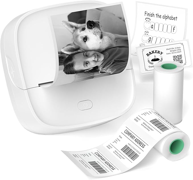 JD-23 Sticker Printer, Mini Portable Thermal Printer Print Pod, Inkless Bluetooth Label Maker with Smart App for Phone & Tablet for Office & Home Use, 2 Rolls Sticker Paper, White