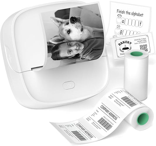 JD-23 Sticker Printer, Mini Portable Thermal Printer Print Pod, Inkless Bluetooth Label Maker with Smart App for Phone & Tablet for Office & Home Use, 2 Rolls Sticker Paper, White