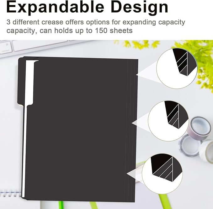 File Folder, RAZCC 150 Pack 1/3 Cut Tab File Folders Letter Size, Black Folders for Dcouments, Folders with Tab Great for Organizing and Easy File Storage