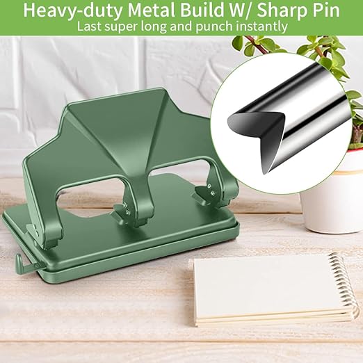 AFMAT HP17 3 Hole Punch, 40-Sheet Heavy Duty Paper Punch, 50% Reduced Effort 3-Hole Punch, Metal Hole Puncher 3 Ring, Three-Hole Paper Puncher w/Large Chip Tray for Classroom, Office, Green