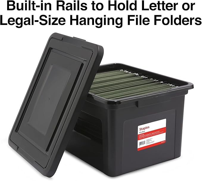 STAPLES Hanging File Folder Box, Storage Bin Organizer, Snap Lid, Letter & Legal Size Documents, Black