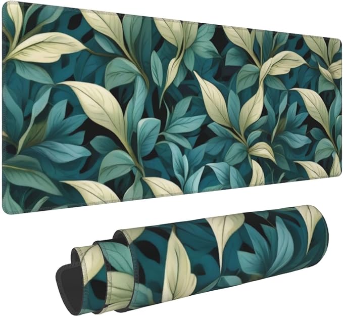 Gaming Mouse Pad, Large Non-Slip Rubber Base Mousepad, Keyboard Mouse Mat, Desk Pad with Stitched Edges, 31.5x11.8inch, Morris Leaves