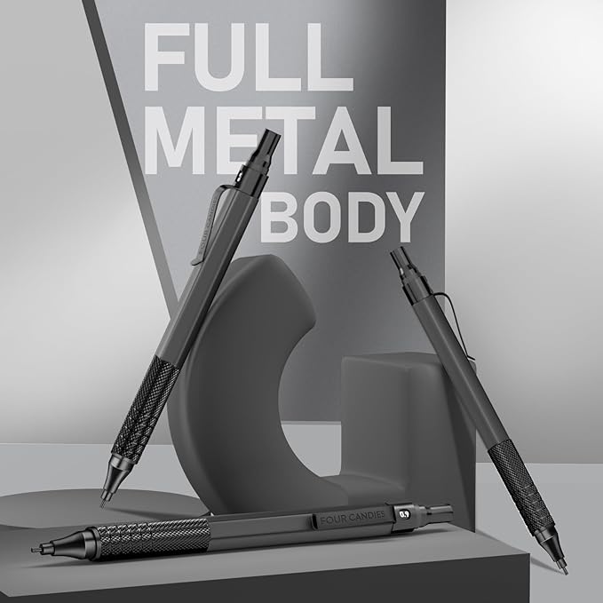 Four Candies 0.9mm Mechanical Pencil Set with Case, 3PCS Metal Artist Lead Pencil with 8 Tubes (480PCS) HB Lead Refills, 3 Erasers, 9 Eraser Refills For Engineer Art Writing Drafting, Black