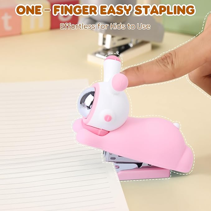 Honagu Cute Stapler, Cartoon Stereoscopic Silicone Stapler, Labor-Saving Office Supplies, Desktop Stationery Gift for Students Kids (Long Ear Pink)