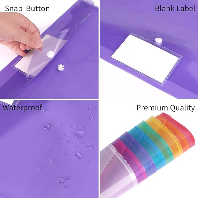 EOOUT 48pcs Plastic Envelopes Poly Envelopes, Clear Document Folders with Snap Button Closure, Letter Size, A4 Size with Label Pocket for School Home Work Office Organization, 8 Colors
