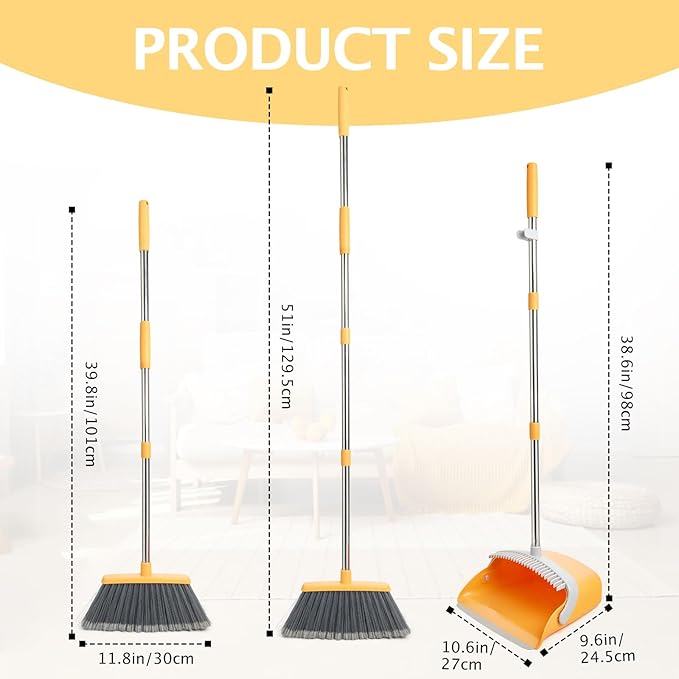XXFLOWER Broom and Dustpan Set, Dustpans with Broom Combo for Home, Heavy Dust Dustpan and Broom Combo, Long Handle Dust Pan and Broom Set for Kitchen, Office, Pet Hair(Gray Yellow)
