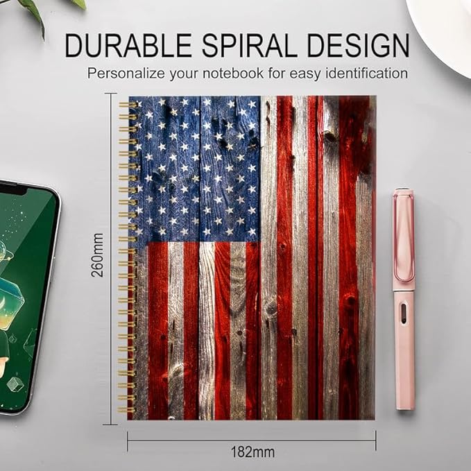 Spiral Journal Notebook for Women,A5 College Ruled Notebooks 6"x 8.4", 120 Pages (60 Sheets) Lined Journal with Premium Thick Paper,Perfect for School Office Home(Wood Grain American Flag)