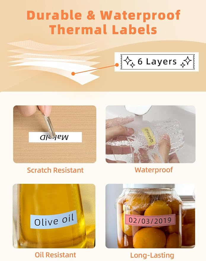 MakeID E1 Q1 Label Maker Tape Refills, 9mm x 4m (0.35" x 13') Continuous Sticker Thermal Laminated Waterproof Self-Adhesive Multipurpose Labeling Tape Replacement