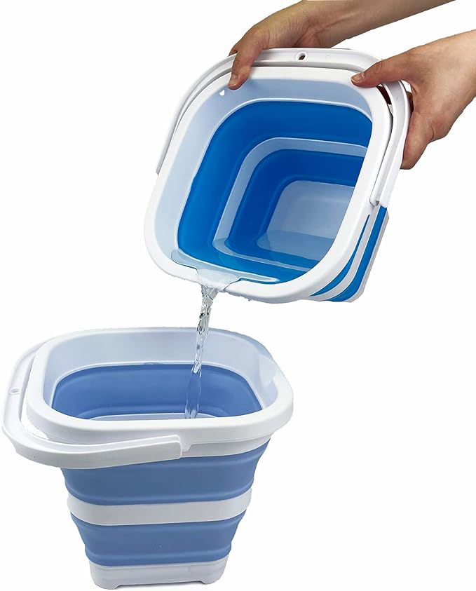 SAMMART Collapsible Rectangular Cleaning Bucket 5L (1.3 Gallon)- Foldable Camping Beach Sand Water Pot Pail- Portable Space Saving Tub for Household, Outdoor Car Washing (Grey + Baby Blue (Set of 2))