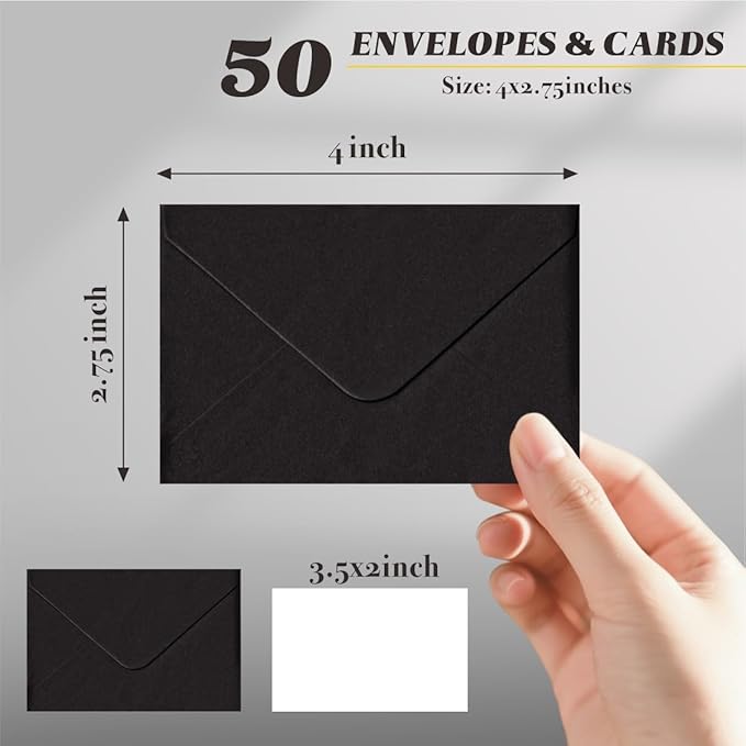 50 Sets Black Mini Envelopes with Blank Gift Cards, Business & Note Cards - Wedding Invitation, Graduation, Holiday Pocket Envelopes 4x2.75" Bulk for Party Favors & Scrapbooking