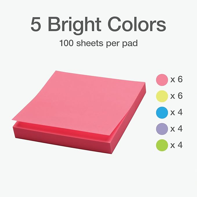Redi-Tag Sticky Notes, Power Stick Notes, Adhesive Reminders, 3" x 3" Reusable Notes, Strong Adhesive Memos, Assorted Bright Colors, 192 Pack (1000978)
