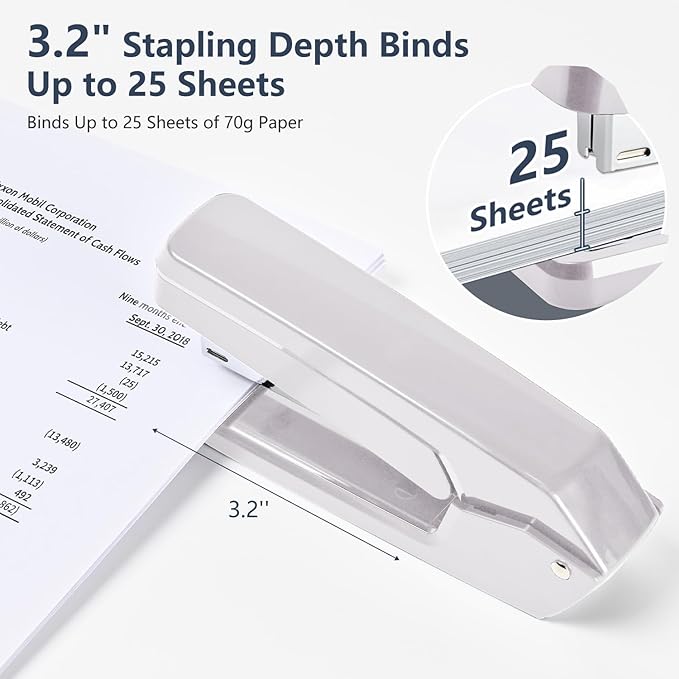 MJMX 360° Rotating Swing-Arm Stapler, 25-Sheet Capacity, with 1000 Staples, 8-Position Lock, ABS Durable Design, for Office/Home/School (White)