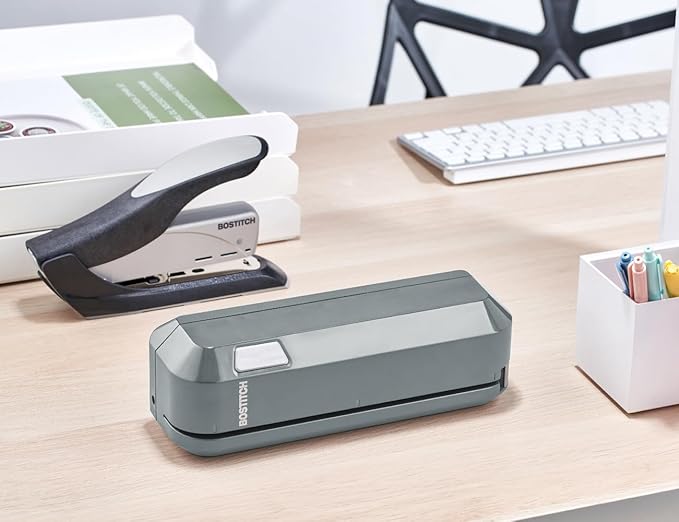 Bostitch Office Electric 3-Hole Punch, Dual Paper Loading, Heavy Duty, Jam-Free 20 Sheet Capacity, AC Adapter or Battery Powered, Space Saving, Grey, (EHP20-GRY)