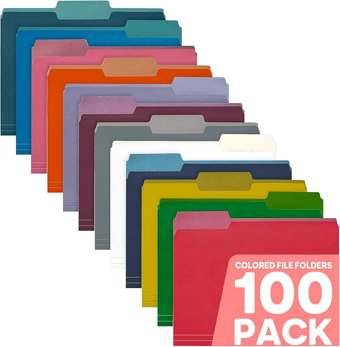 Enday Colored File Folders Letter Size (100 Pack) 12 Assorted Colors, 1/3 Cut Tabs Color File Folders, Two Tone Colored Folders for School Home Office Documents Organization