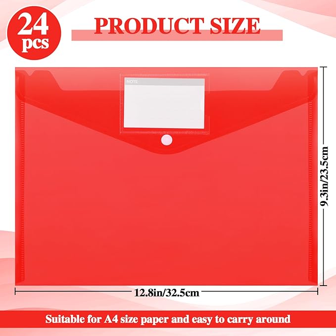 Lincia 24 Pcs Plastic Envelopes A4 Size Poly Envelopes File Folders Work Document Holder Office Paper Plastic File Organizer with Label Pocket Snap Button Home File Bag for School (Clear Red)