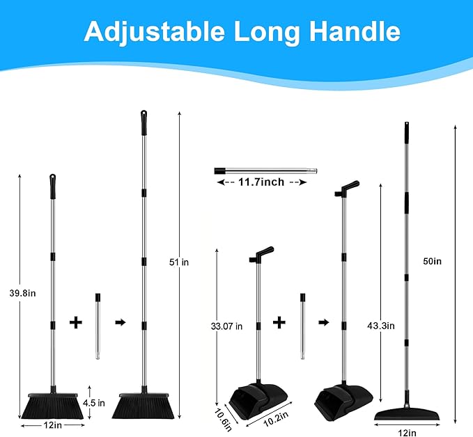 UDUK Broom with Dustpan Combo Set and Silicone Air Broom Kit, 51" Long Handle Floor Squeegee, Black Household Kit for Glass Window Rugs Pet Hair Home
