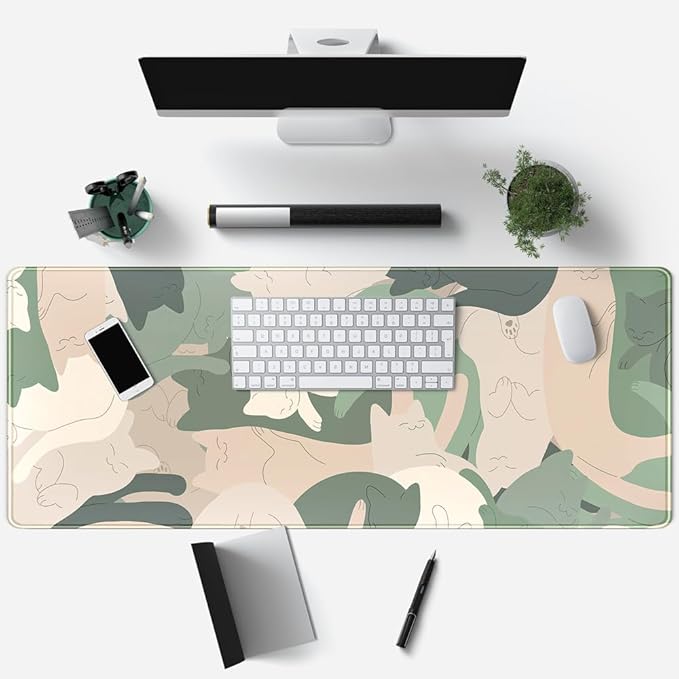 Green Simple Cat Desk Mat Sleeping Cute Long Cool Mouse Pad for Laptop Gaming Computer Keyboard Pad Office Decor Desk Pads Accessories On Top of Desks Office Supplies Mat (31.5x11.8In) Stitched Eges