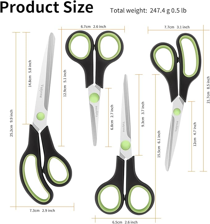 Scissors, Stainless Steel Blades Soft Grip for Home, School, Office. Black and Green, 4