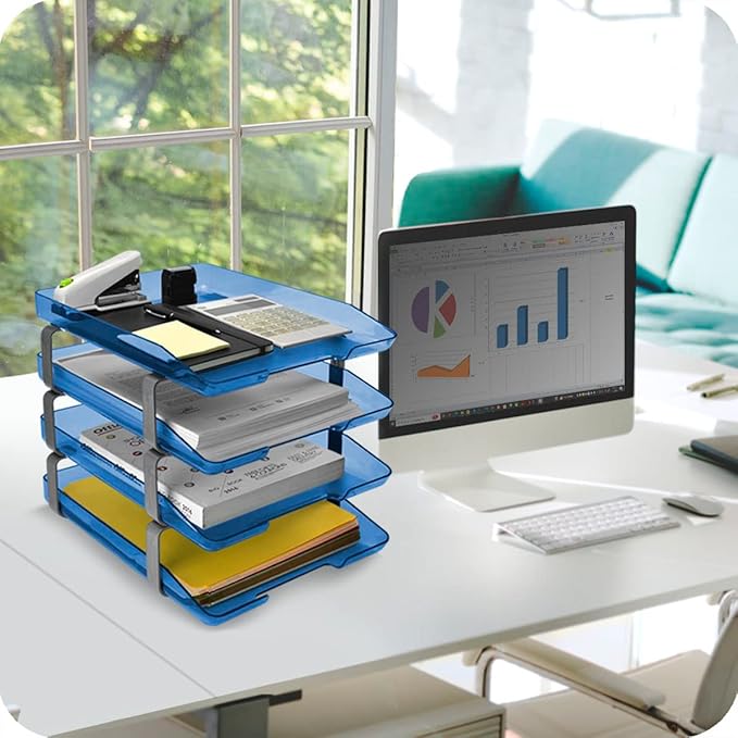 Acrimet Traditional 4 Tier Letter Tray, Front Load Design, A4 Letter Size, Desktop Organizer (Plastic) (Clear Blue Color)