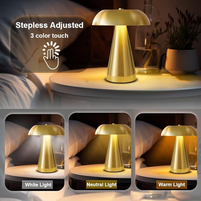 Portable LED Desk Lamp, Cordless Metal Table Lamp, 3-Color Touch Control Rechargeable Light, 3-Levels Brightness Room Decor, Bedside & Dining Room Light (Gold)
