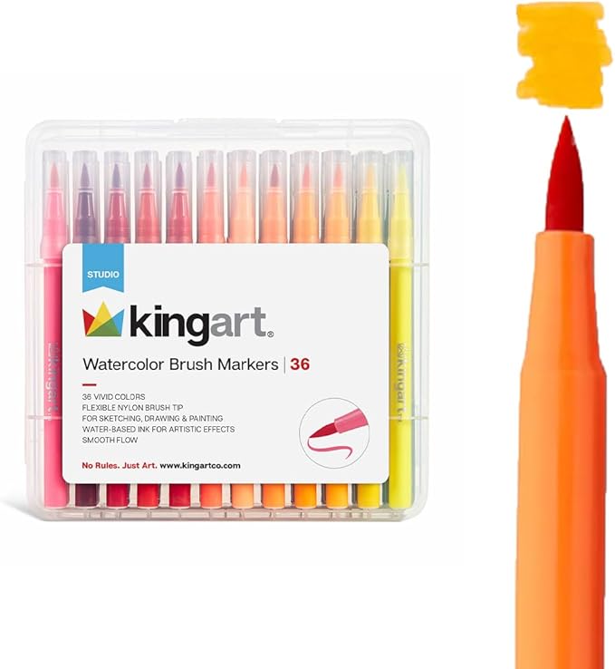 KINGART 36 Watercolor Brush Markers Set: Flexible Tip Pens for Coloring Books, Calligraphy, Doodling, Manga & Painting