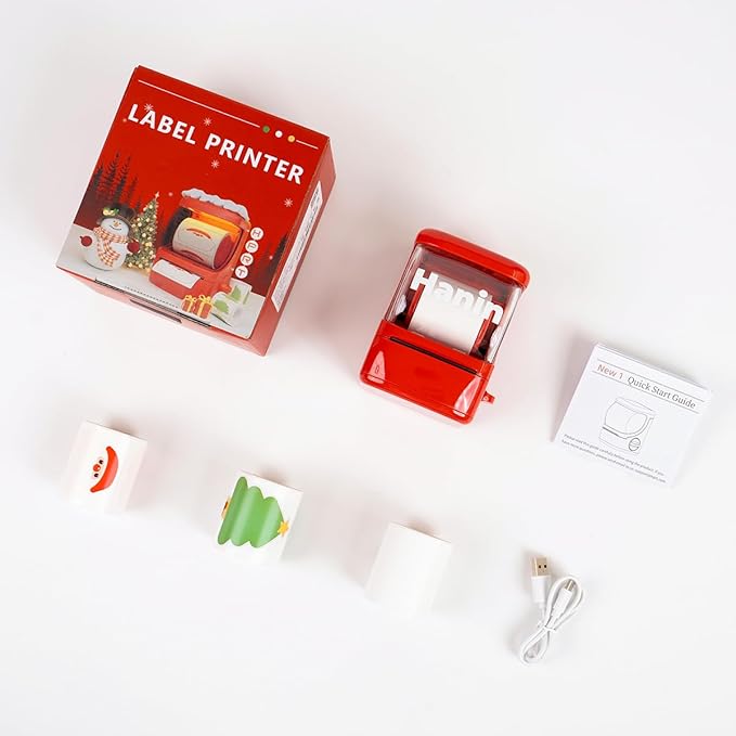 NEW1 Label Printer +4 Rolls Labels, 2 Inch Portable Inkless Bluetooth Label Maker for Small Business, Home, School, Automatic Label Recognition, Sticker Printer for Address Logo Barcode Clothing（Red）