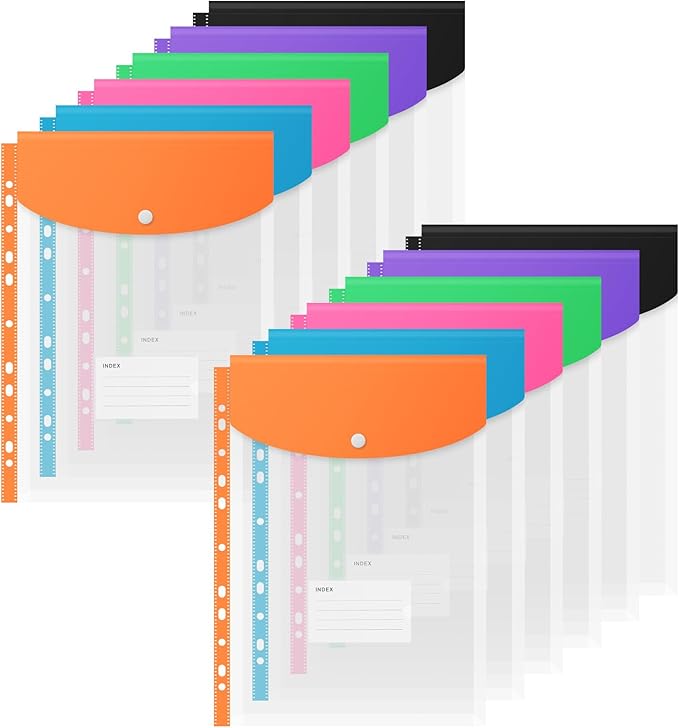 Binder Pocket Organizer Folders, 12 Pack Expandable Files Bag Plastic Envelopes Binder Folders with 11 Holes for 2/3/4 Ring Binder, Document Pouch with Snap Button and Label for School Office Home