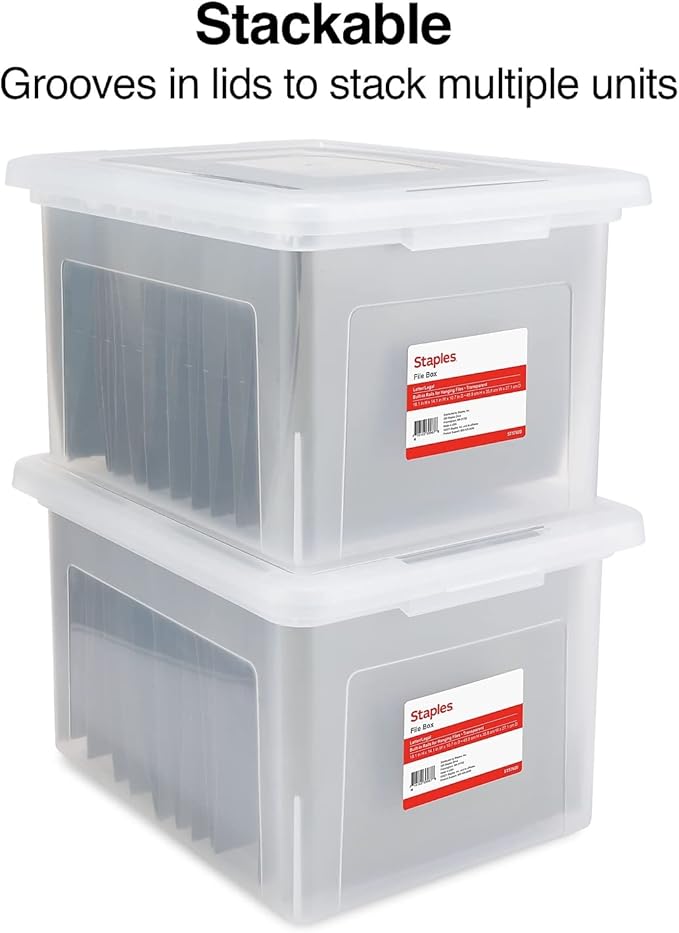 STAPLES Hanging File Folder Box, Storage Bin Organizer, Snap Lid, Letter & Legal Size Documents, Clear