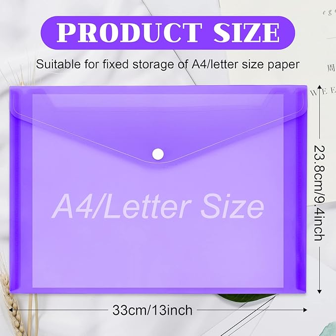 50pcs Plastic Envelopes,Poly Envelopes with Snap Button Closure,Clear Document Folders Letter A4 Size File Envelopes,Plastic File Folders for School Home Work Office Organization,8 Assorted Color (50)