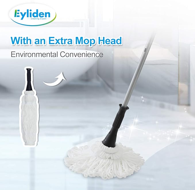 Eyliden Mop with 2 Reusable Heads, Easy Wringing Twist Mop, with 57.5 inch Long Handle, Wet Mops for Floor Cleaning, Commercial Household Clean Hardwood, Vinyl, Tile, and More