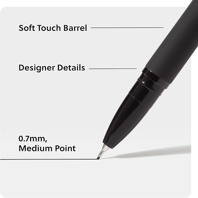 U Brands Catalina Felt Tip Pens, Pen Set of 6 Black Ink Pens, Soft Touch Midnight Black, Medium (0.7 mm) Point