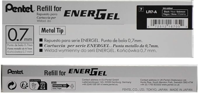 Pentel LR7ABX Gel Pen Refills, f/EnerGel, 0.7mm, Fine, 12/BX, Black Ink