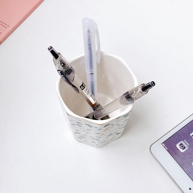 Pen Holder, Makeup Brush Holder Ceramic Shiny Gold Terrazzo Marble Stone Pattern Pencil Cup for Girls Kids Women Durable Stand Desk Organizer Storage Gift for Office, Classroom, Home Colorful