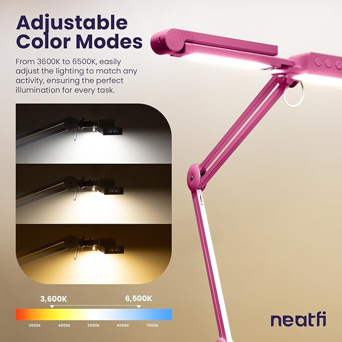 Neatfi (New Model) 3,000 Lumens LED Desk Lamp, Dimmable, 360 SMD LEDs, 30W, CRI 95, Adjustable Light Modes, Task Lamps for Home Office, Study Lamp, Desk Light Bar (CCT with Clamp, Pink, 44 Inches)